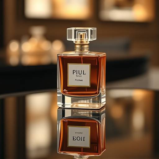 Fotografia de um frasco de perfume elegante sobre uma superfície espelhada, com reflexos e luz suave.