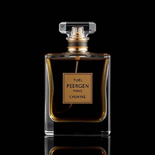Fotografia de um frasco de perfume elegante em um fundo preto.