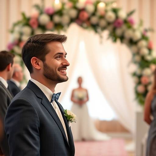 Noivo sorrindo ansiosamente enquanto espera a noiva no altar, sob um arco de flores.