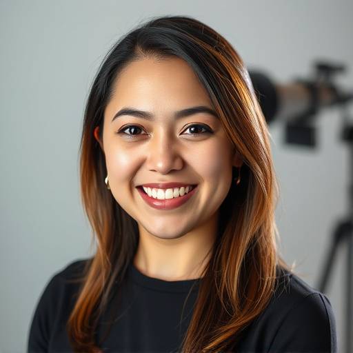 Retrato de Fernanda Santos, editora de imagem do Estúdio Luz & Alma, sorrindo em frente a um monitor com um software de edição de fotos aberto.