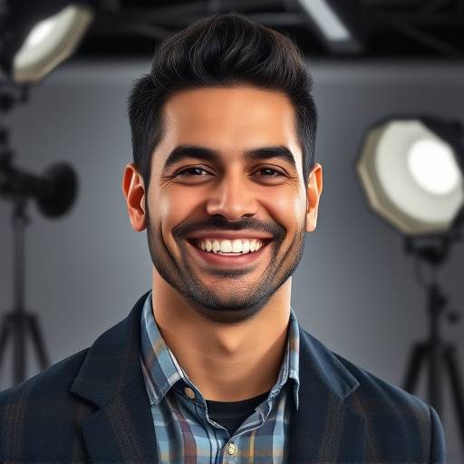 Retrato de Rafael Mendes, co-fundador e fotógrafo do Estúdio Luz & Alma, sorrindo com um equipamento de iluminação profissional ao fundo.