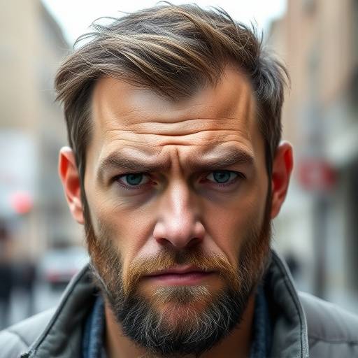 Retrato de um homem de meia-idade com uma barba bem cuidada e um olhar penetrante, posando em um ambiente urbano.