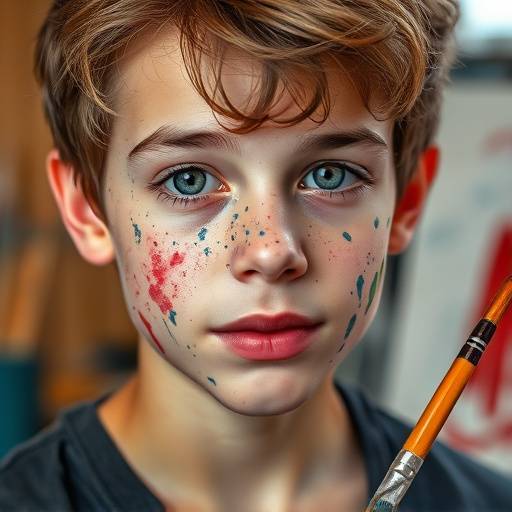 Retrato de um jovem artista com tintas no rosto e um pincel na mão, em seu ateliê.