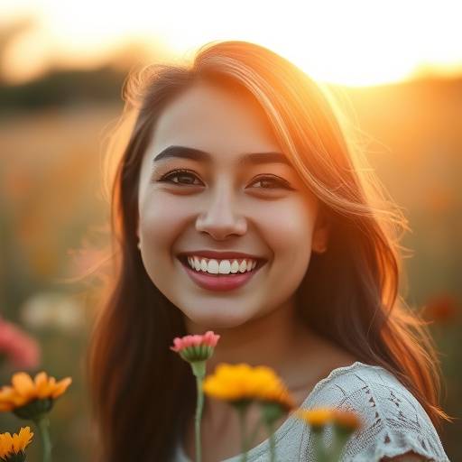Retrato de uma jovem mulher sorrindo em um campo de flores.