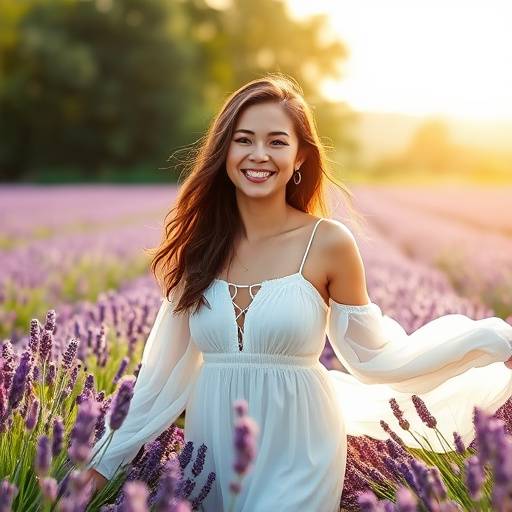 Retrato de uma jovem mulher sorrindo em um campo de lavanda, vestindo um vestido branco esvoaçante.